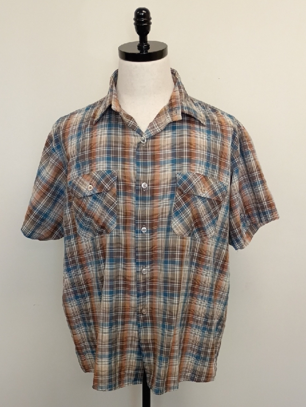 Big Mac Plaid Short Sleeve Button Down Shirt Blue Brown Size XL